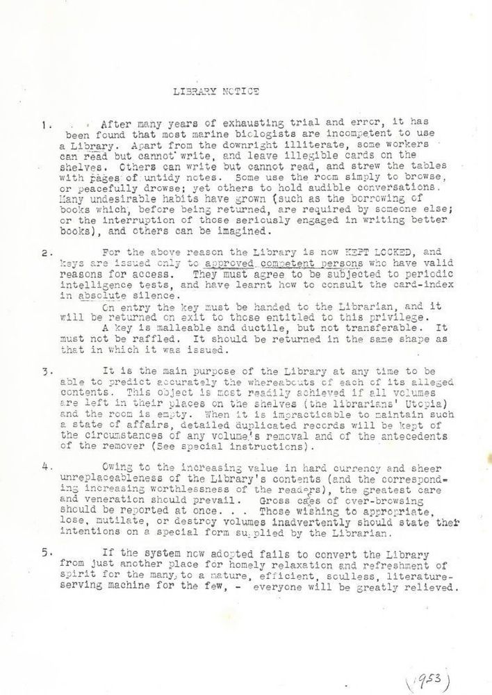 A typed library notice of five paragraphs that informs the reader of the inability of marine biologists to use the library, along with information on how to properly use it