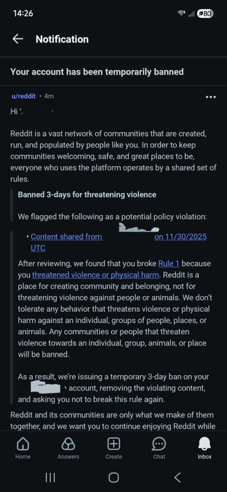 An automated message Sab received from Reddit showing a ban.