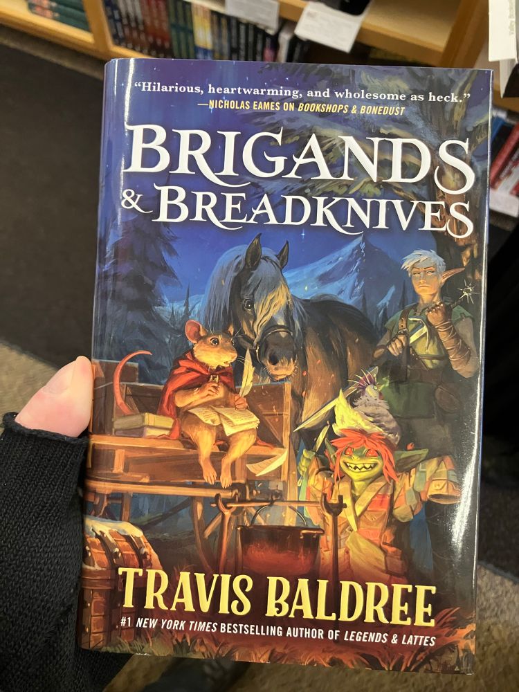 Picture of the hardcover book “Brigands & Breadknives“ by Travis Baldree. The cover features a campfire scene with a metal cooking pot, a chaotic looking green goblin with a knife and a chicken on its head, a stoic looking elf with a sword, a ratfolk with a quill and papers, and a horse in the background.