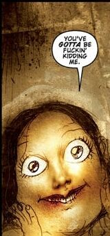 Demonic little girl holding her cheeks while smiling sarcastically as she says "You gotta be fucking kidding me." comic panel from Silent Hill.