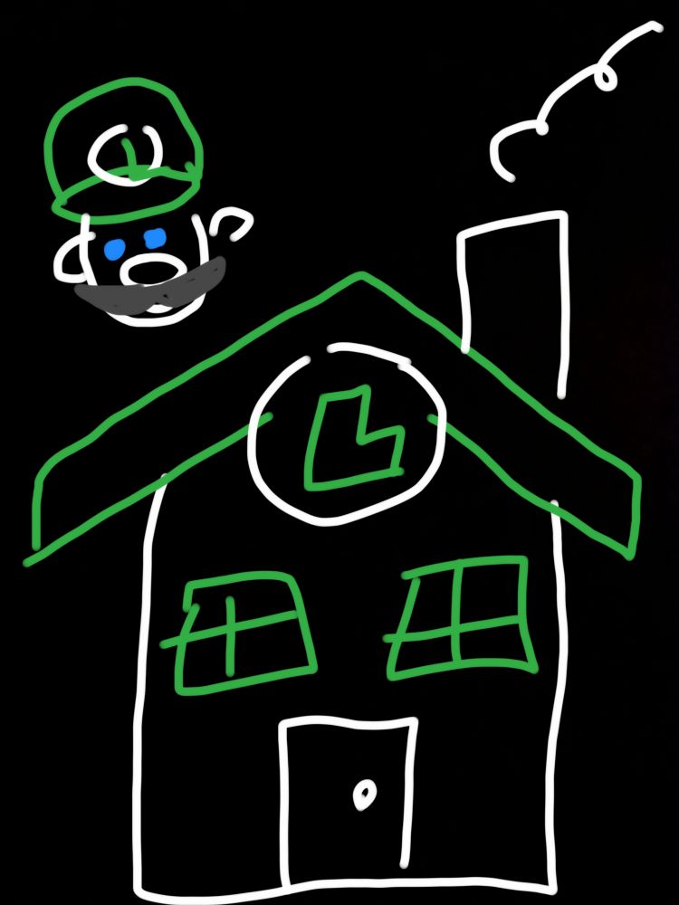 Scribble of a green and white house with an L on the front, accompanied by a scribble of Luigi from the Super Mario series.