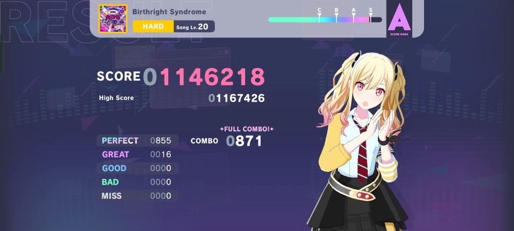 Hatsune Miku: Colorful Stage results screen, showing a Full Combo for the song "Birthright Syndrome" on Hard.