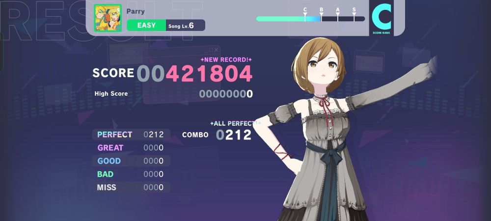 Hatsune Miku: Colorful Stage results screen, showing an All Perfect for the song "Parry" on Easy.