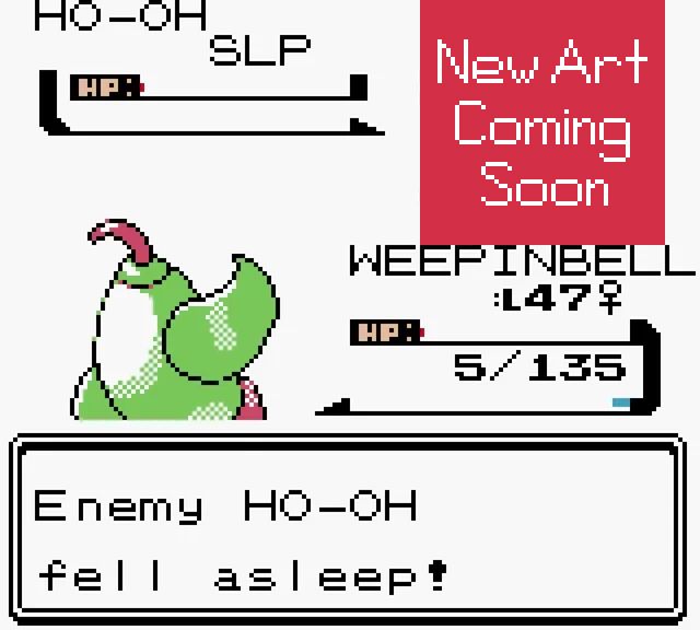 Screenshot from Pokemon Gold, showing a Weepinbell fighting a Ho-Oh. The Ho-Oh's sprite has been replaced with a red square with the text "New Art Coming Soon".
