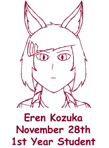 Sketch of a girl with fox ears and slitted pupils. Text under her reads "Eren Kozuka, November 28th, 1st Year Student".