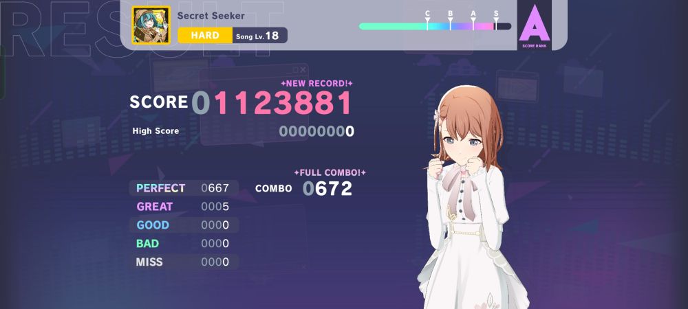 Hatsune Miku: Colorful Stage results screen, showing a Full Combo for the song "Secret Seeker".
