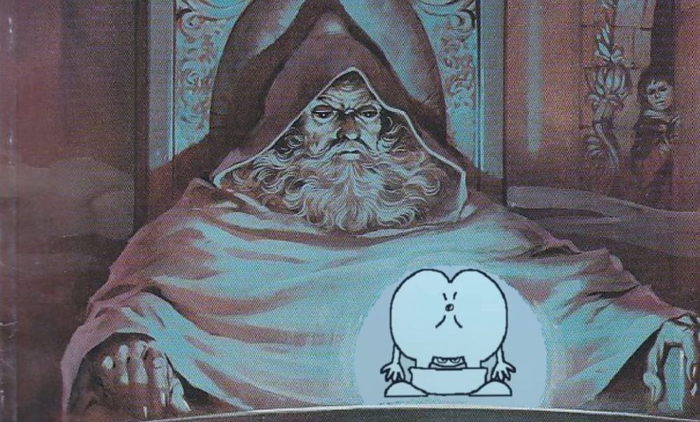 A drawing of a wizard looking down at a circular orb. The orb has been replaced by a crude computer drawing of an egg that has pulled down its pants, bent over, and spread its butt cheeks to expose its butthole.