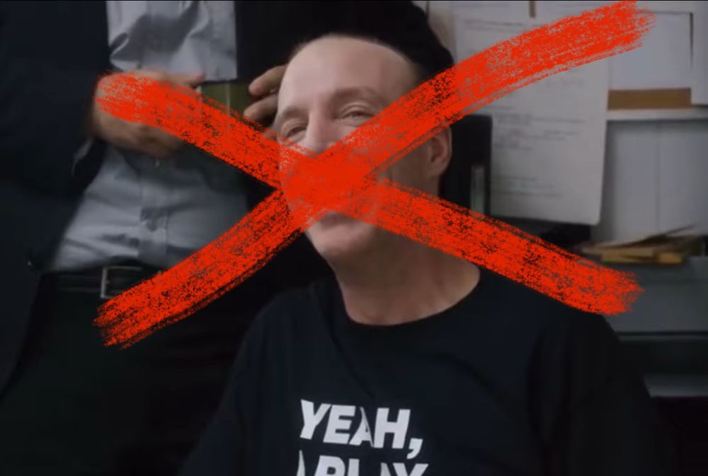 Rog, King of the Slams, from Tim Robinson’s episode of The Characters, with a big red X over his face