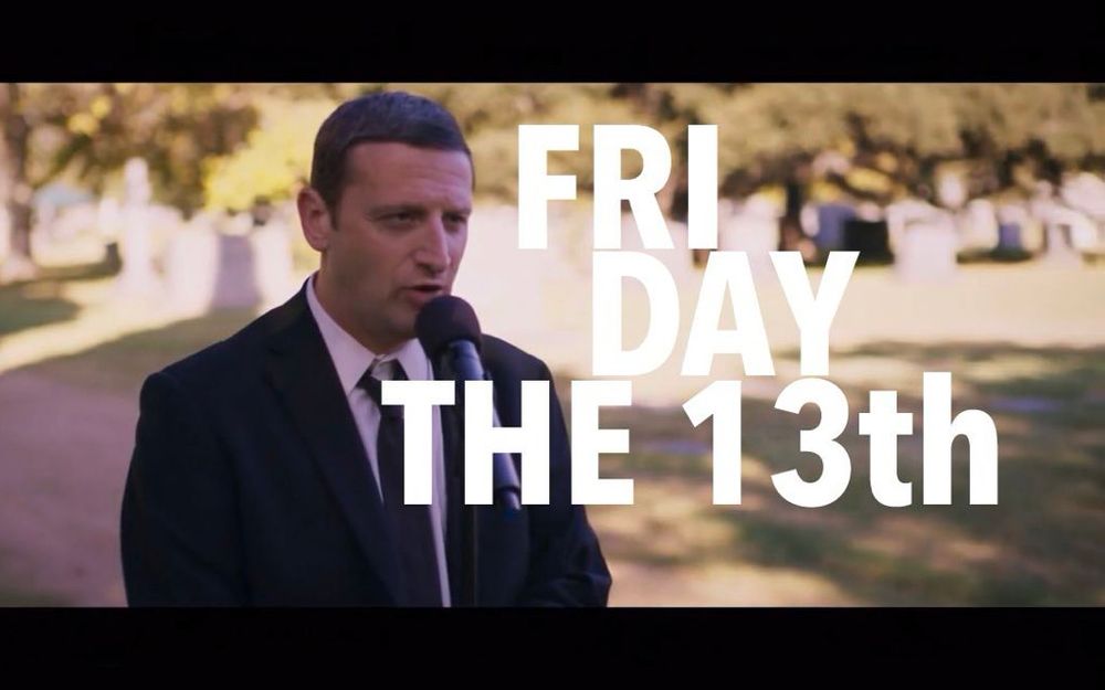 Tim Robinson singing the “Fri day nite” song, except the caption says “Fri day the 13th”