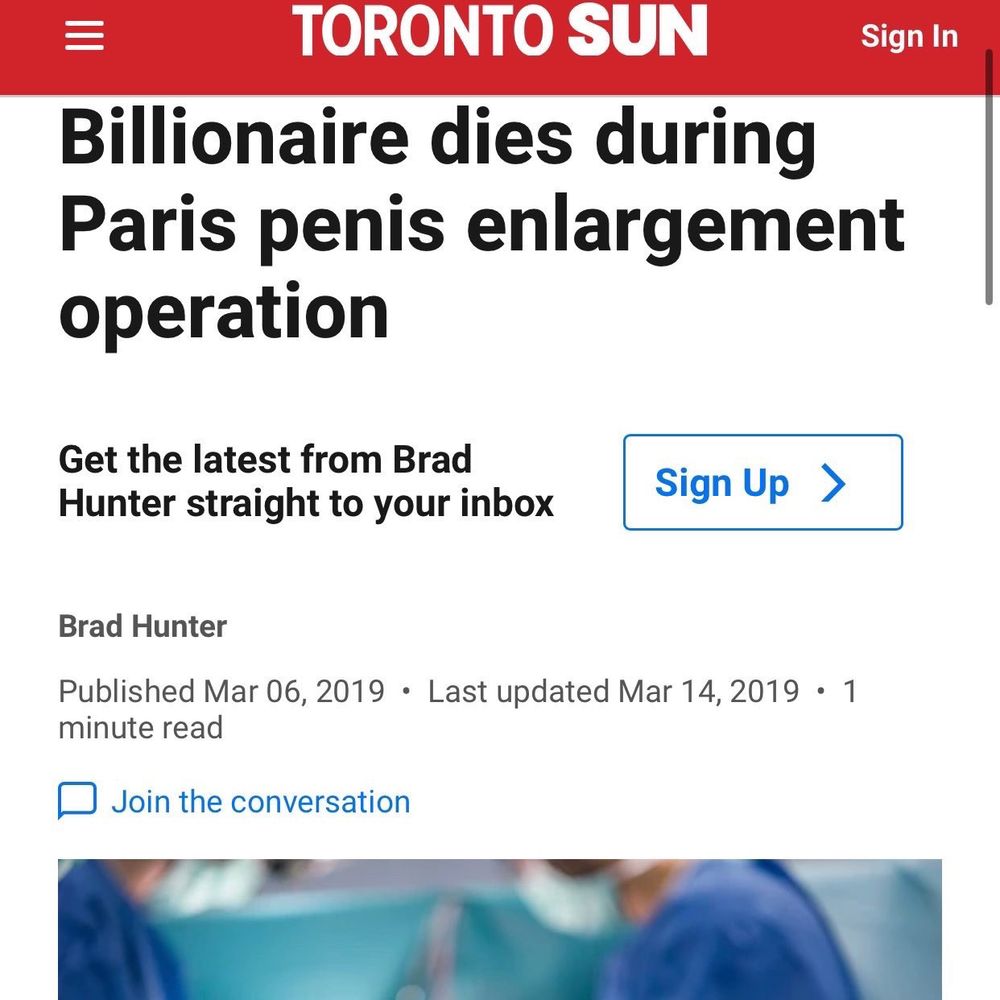 Headline that says “Billionaire dies during Paris penis enlargement operation”