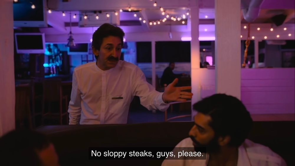 Server at Truffani’s telling a table of bros “no sloppy steaks, guys, please”