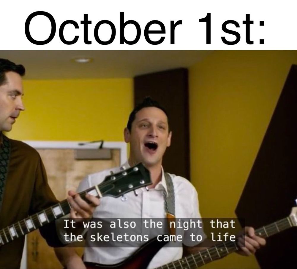 Tim Robinson excitedly singing “it was also the night that the skeletons came to life”