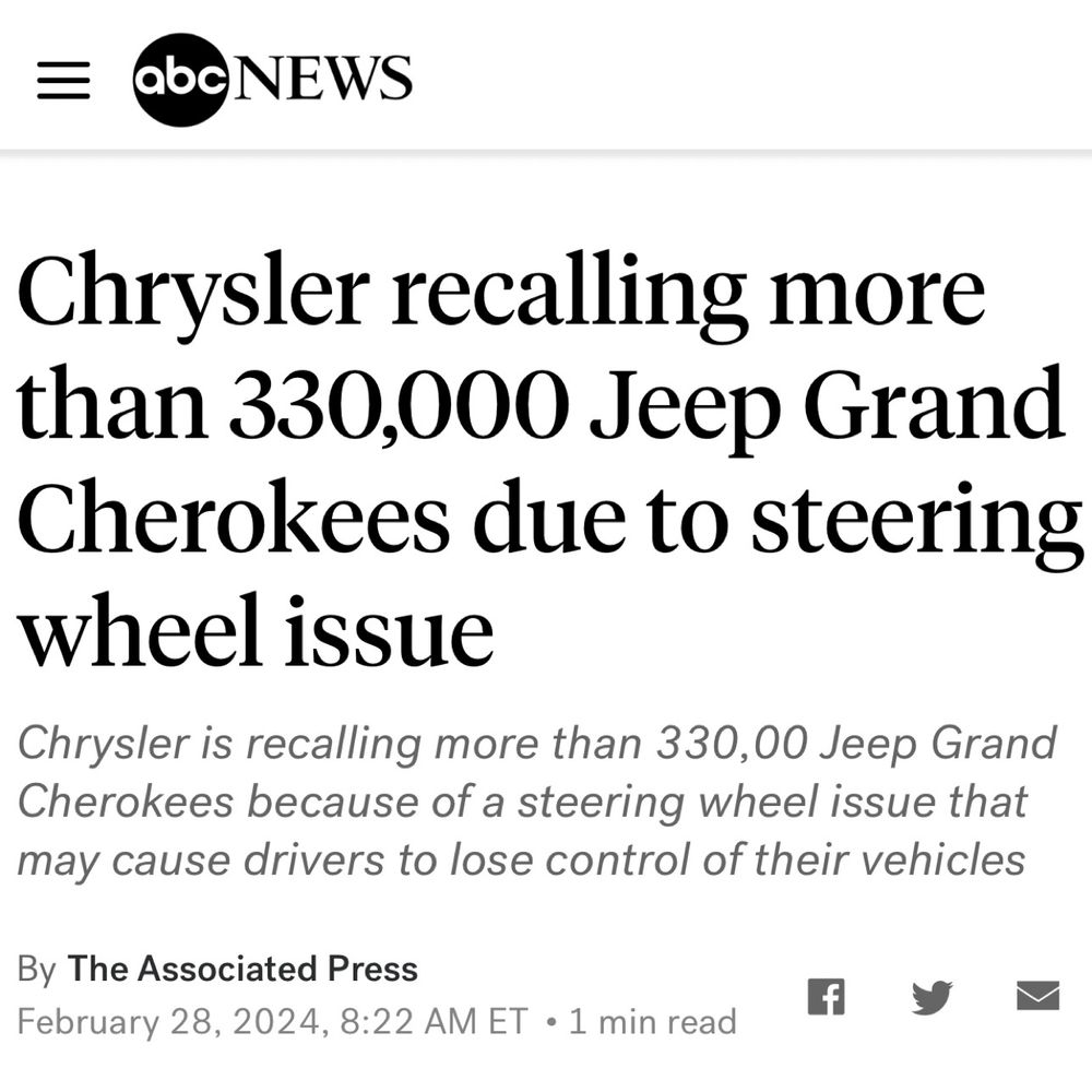 Chrysler recalling more than 330,000 Jeep Grand Cherokees due to steering wheel issue

Chrysler is recalling more than 330,00 Jeep Grand Cherokees because of a steering wheel issue that may cause drivers to lose control of their vehicles