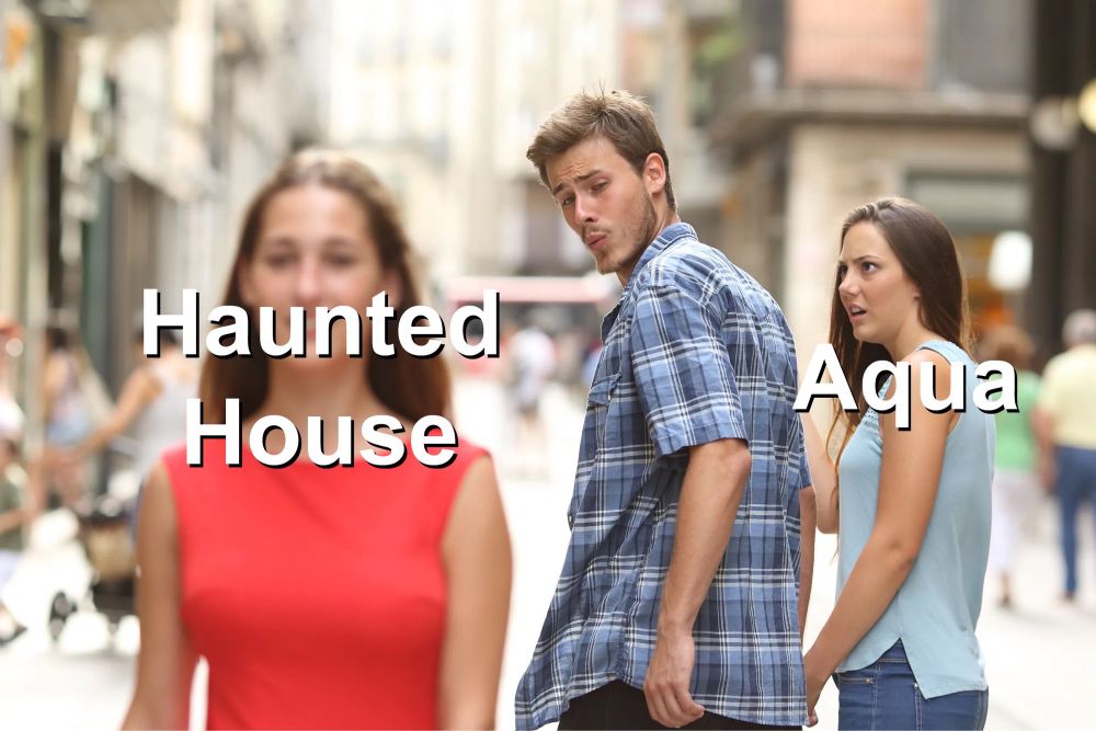 “Distracted boyfriend” meme, where the boyfriend is turning to look at a woman who is labeled “Haunted House” and the woman who he is walking with is labeled “Aqua”