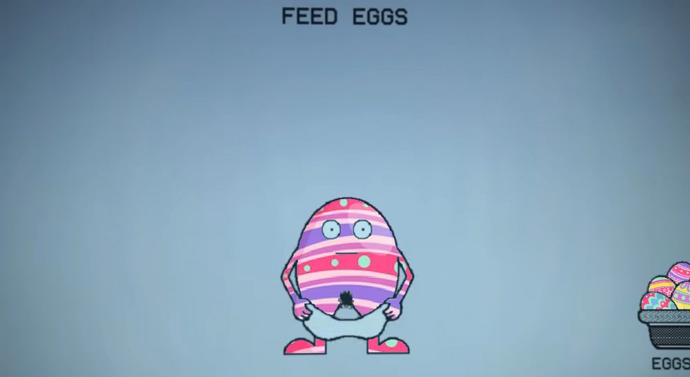 The “feed eggs” game from ITYSL, and the egg has its pants pulled down and is showing its bush. But the egg is dyed like an Easter egg