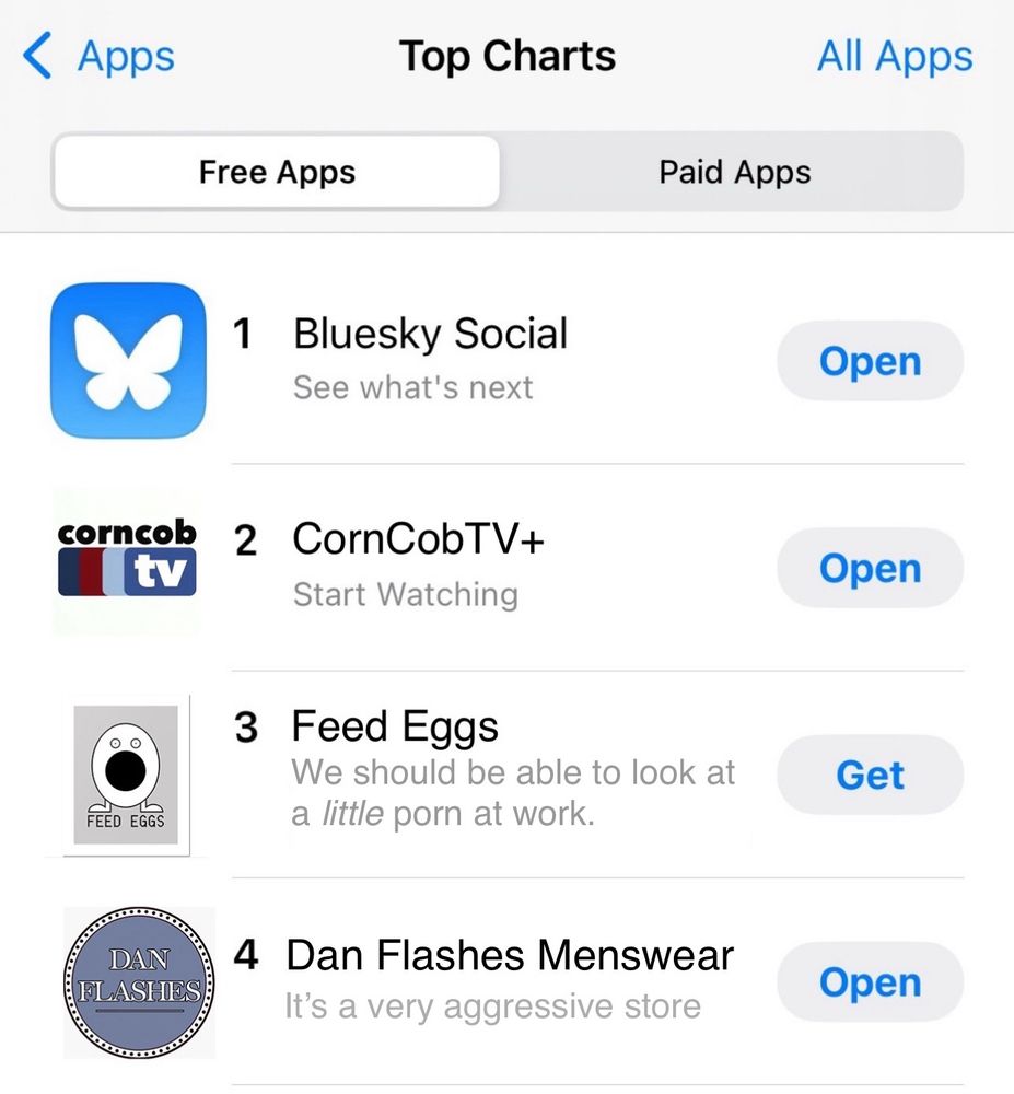 An App Store screenshot showing Bluesky social #1, ahead of CorncobTV+, Feed Eggs, and Dan Flashes Menswear apps 