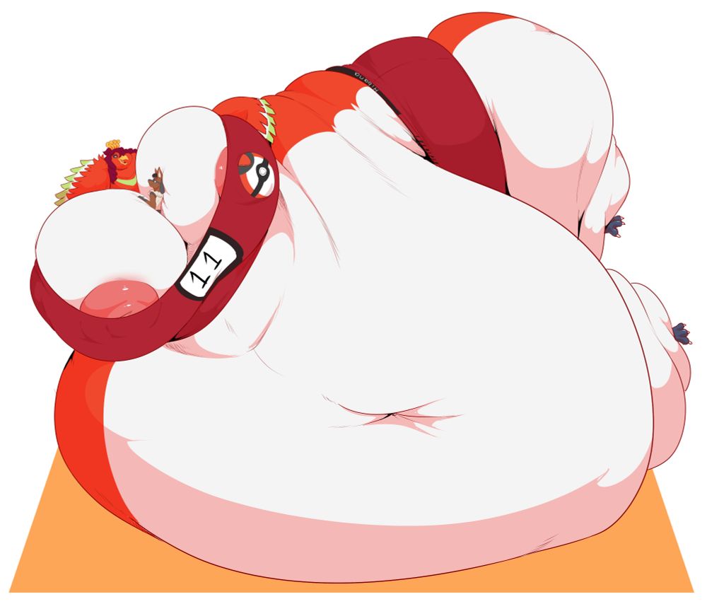 A large Ho-Oh girl is spreading her vast and large body across the floor, resting, while between her boobs lays a brown-furred Lucario, smiling at each other.

Her clothing has the number 11, and her name "Hibana" on the shorts