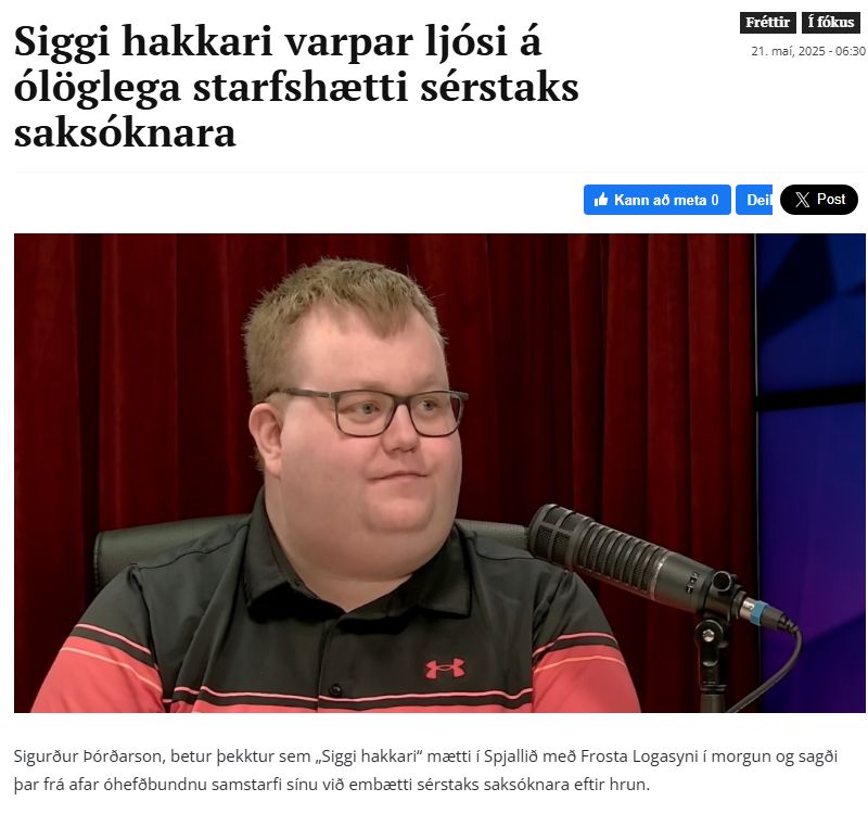 Skjáskot af frétt á Nútímanum.

Fyrirsögn: Siggi hakkari varpar ljósi á ólöglega starfshætti sérstaks saksóknara