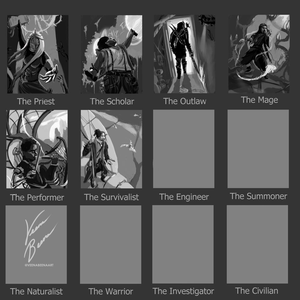 6 thumbnail drafts for key art class illustrations for an upcoming ttrpg: Essence and Archetype