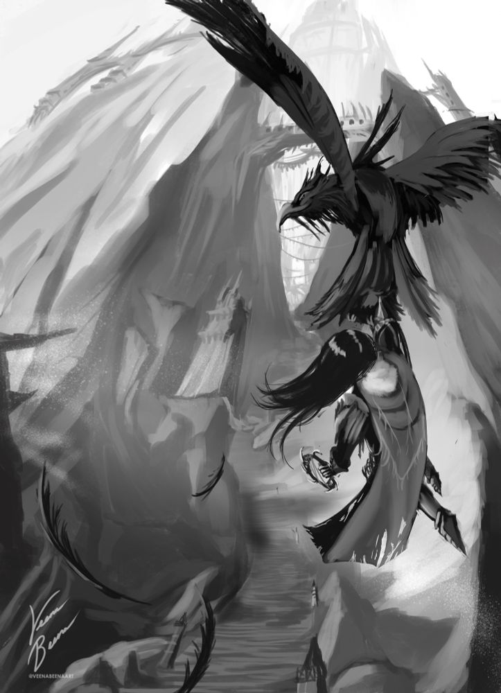 thumbnail  sketch of a bird carrying an adventurer with chakrams up a mountain