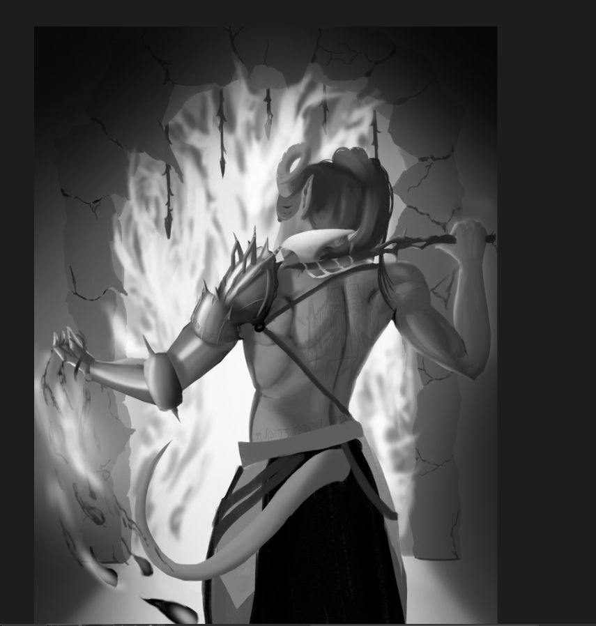 back shot of a tiefling with an axe and gothic armor, casting some blood magic and walking into an infero. her tattoos read in infernal: "7 Heads for Betrayal, 6 Spines for Rebellion, 5 Hearts for Conspiracy"