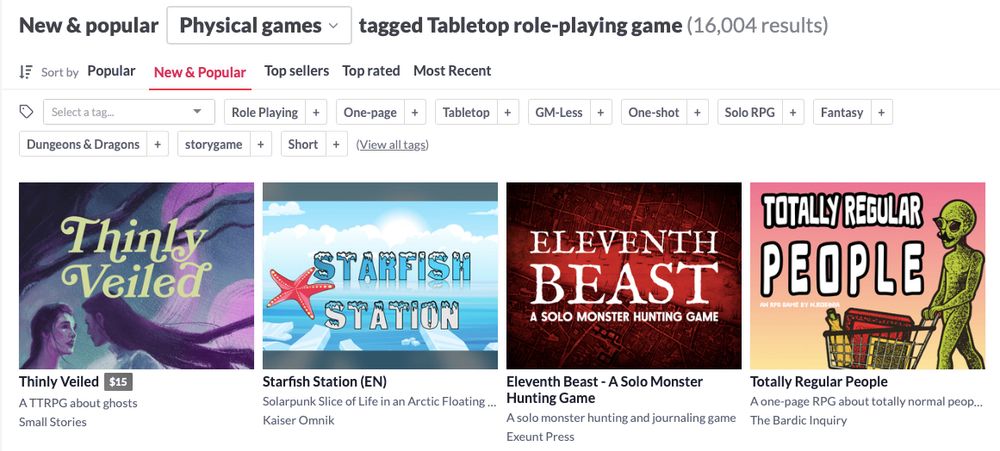 Screenshot of 'New and popular physical games tagged Tabletop role-playing game' on itch.io with one row of four. Thinly Veiled is first in the row.