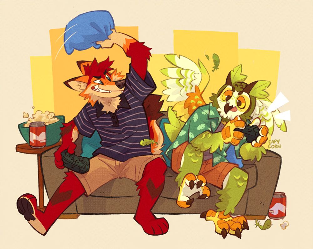 A green owl, Regen, sits on the right side of the couch. He's got a Switch controller in his hand and remains intensely focused on the game despite the fact he is coming under assault from a red coyote, Cosmic, who sits next to him on his left, swinging a pillow at him to disrupt the owl's concentration. 