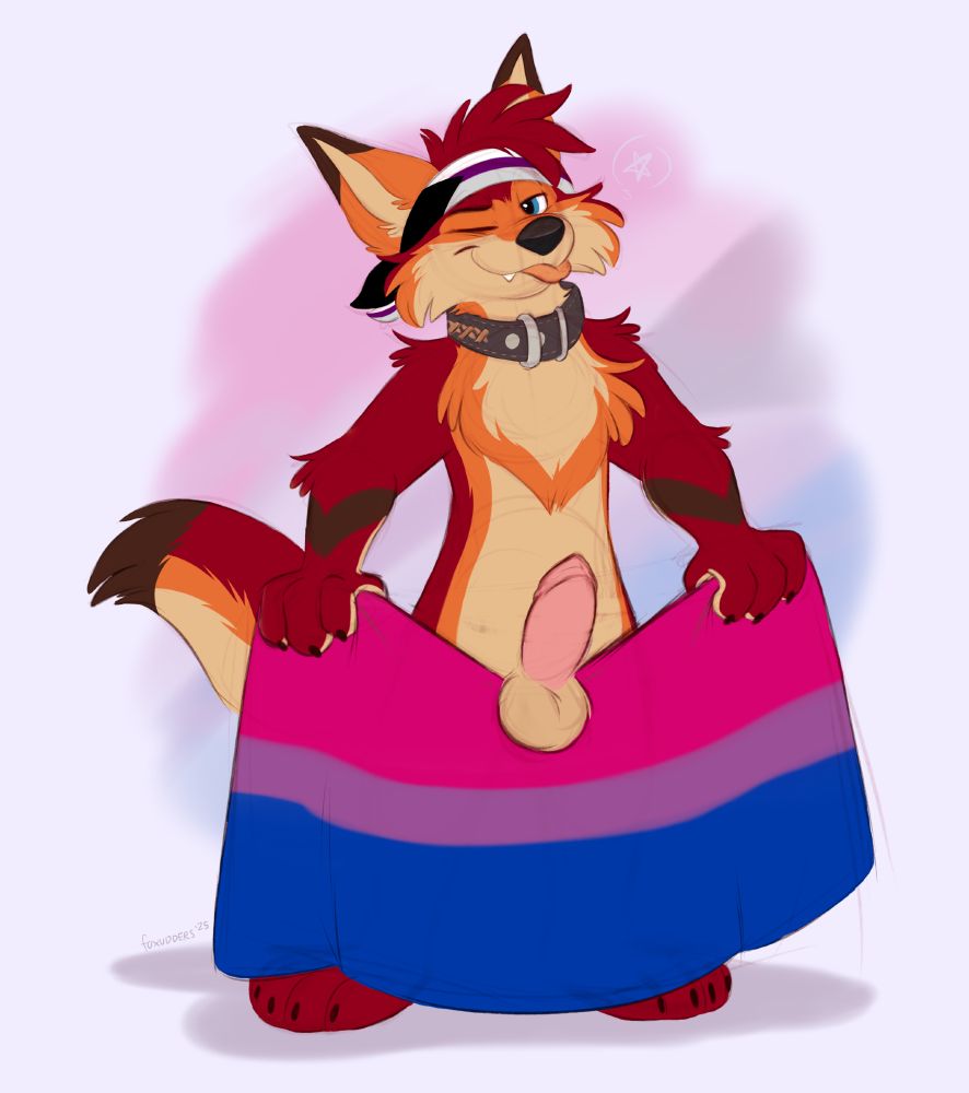 A coyote winks and sticks out his tongue mischievously as he pulls down the bi flag to show off his balls and erection. He's wearing a collar (kinky) and a demi flag bandana (so maybe get to know him first?) 