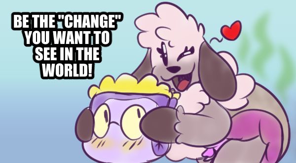 A silly sheepy holding a purple bunny diaper while her own needs a change; caption says "BE THE "CHANGE" YOU WANT TO SEE IN THE WORLD!"