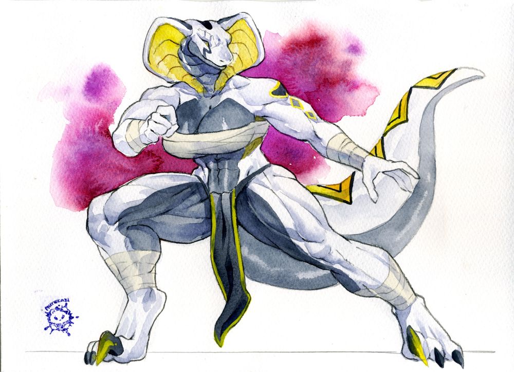 A muscular antropomorphic snake woman takes a stance, she is ready.