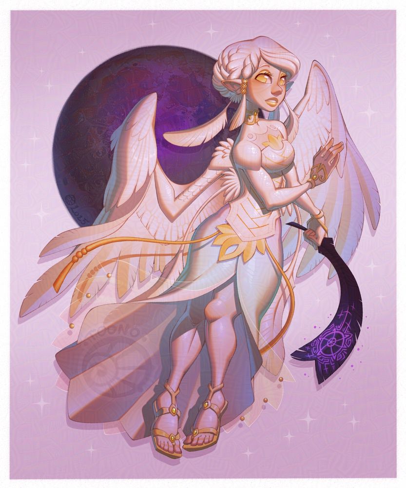An angelic woman with white feathered wings and a white dress with golden details. Her white hair is tucked up, she has golden eyes and golden make-up. She's holding a dark purple feather with an intricate purple glowing symbol. There's a dark purple moon behind her.