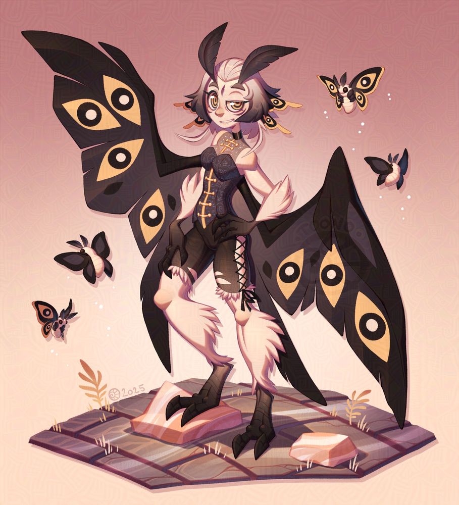A humanoid character with moth features. Her body is white and fluffy, she has black moth antennae, black clawed hands and feet, and black wings with yellow eye markings. She's wearing a corset with a swirly pattern and black goth shorts. She's standing on a rock and stone slabs, and four small moths surround her.