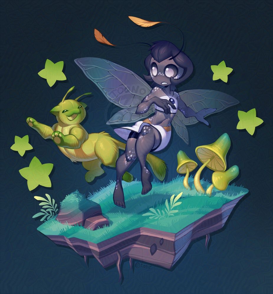 A dark blue humanoid alien with insectoid wings and antennae, a green alien cat flies past them. Both characters float above a small landmass with dark turquoise grass and green fantasy mushrooms. Green glow-in-the-dark stars float around them.
