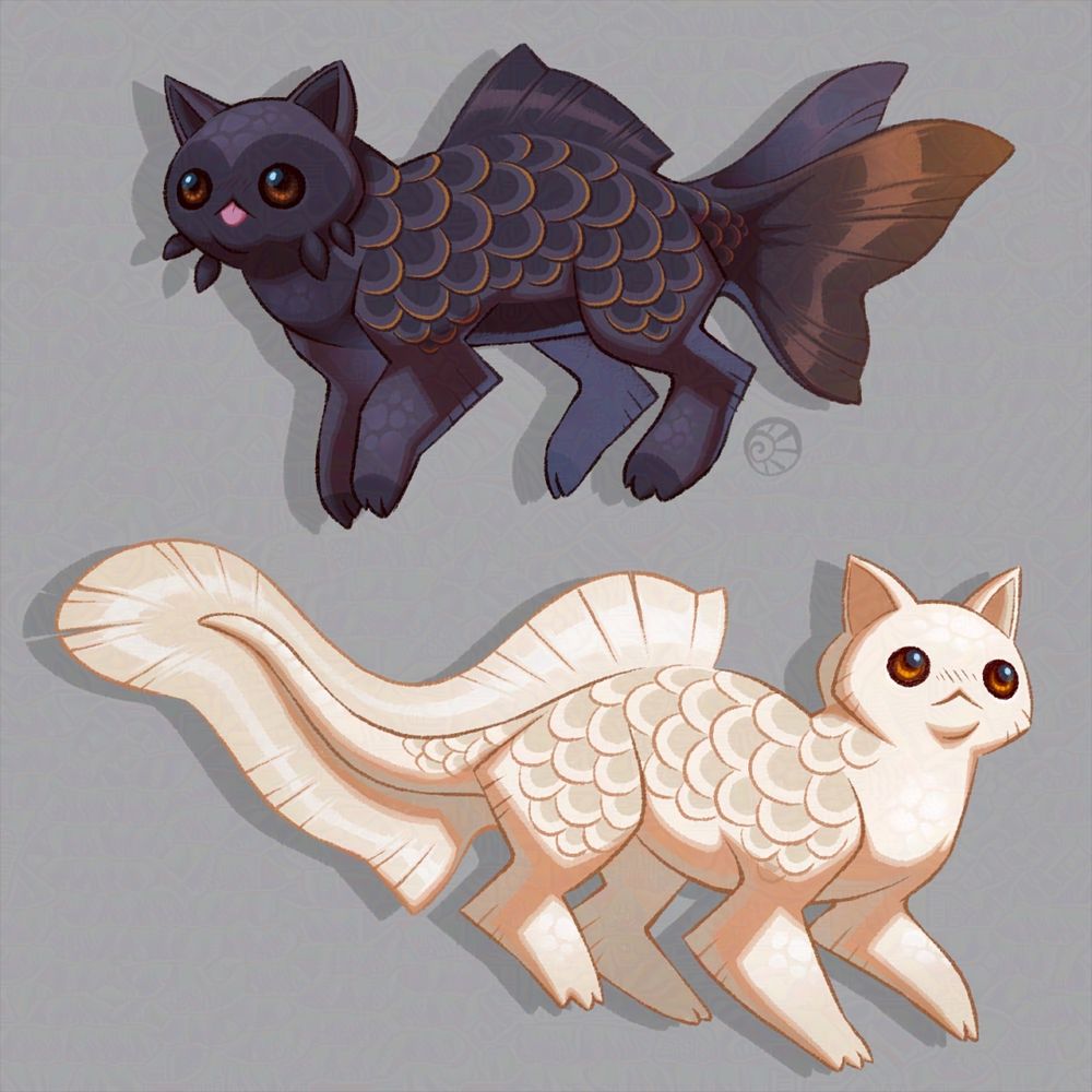 Two cats with fish scales, one black with a fish tail. The other is white with a tail fin.