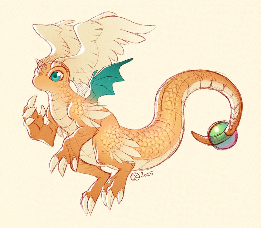 An orange cartoon dragon with feathered wings on its head and feathers on its arms and legs. It has a pair of small green bat wings on its back, and the tail has an iridescent pearl on the tip.