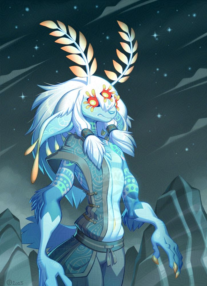 A Zonai character from the game The Legend of Zelda: Tears of the Kingdom, designed to look like a Satori. They have a blue glowing body with green/pink markings and white long hair. They have two moth-like antennae and three red/yellow eyes with a striking expression. They have a tunic that only covers one side of their body. The background is made up of a night sky and rocks at the bottom.