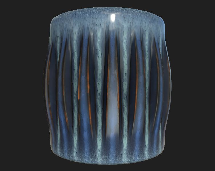 Glazing base material for a more intricate vase/bottle with clay strips. This allows the glazing to "clog up" between the strips and be of a heavier color (without the underlayer shining through). This also creates the effect of "dripping" in glazing when fired.