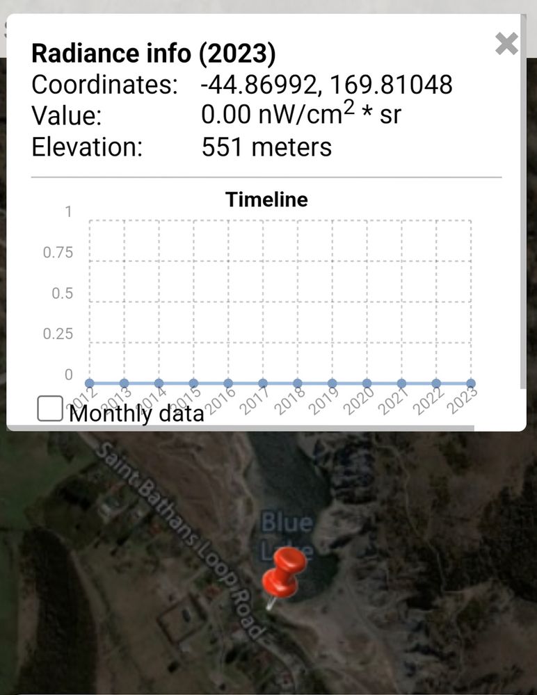Screenshot of dark sky map showing perfect dark sky in St Bathans.