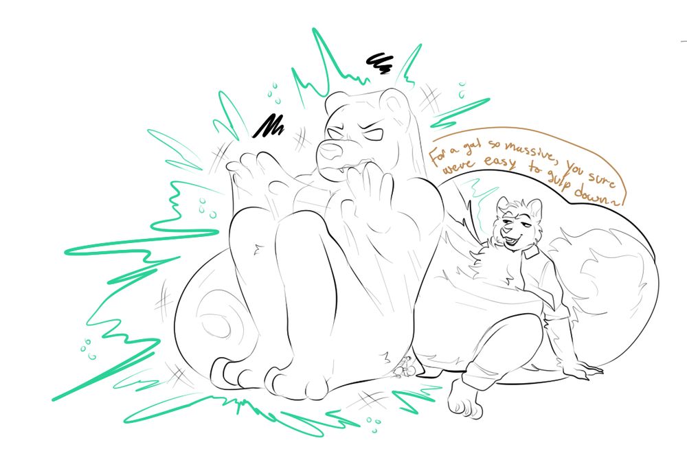 A giant female Pyon has been swallowed by a regular sized Mikhail