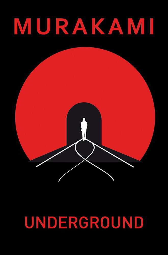 book cover: Underground, Murakami, red letters, black background. subway tunnel with person and crossed tracks. 