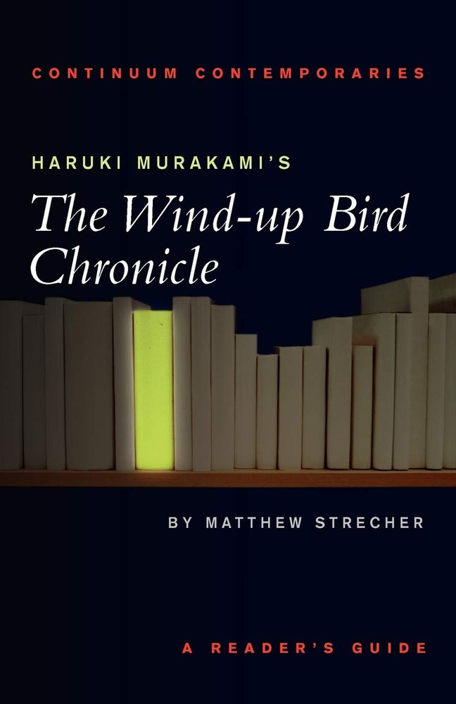 book cover of Matthew Strecher's guide to the wind-up bird chronicle. book shelf with one book glowing. 