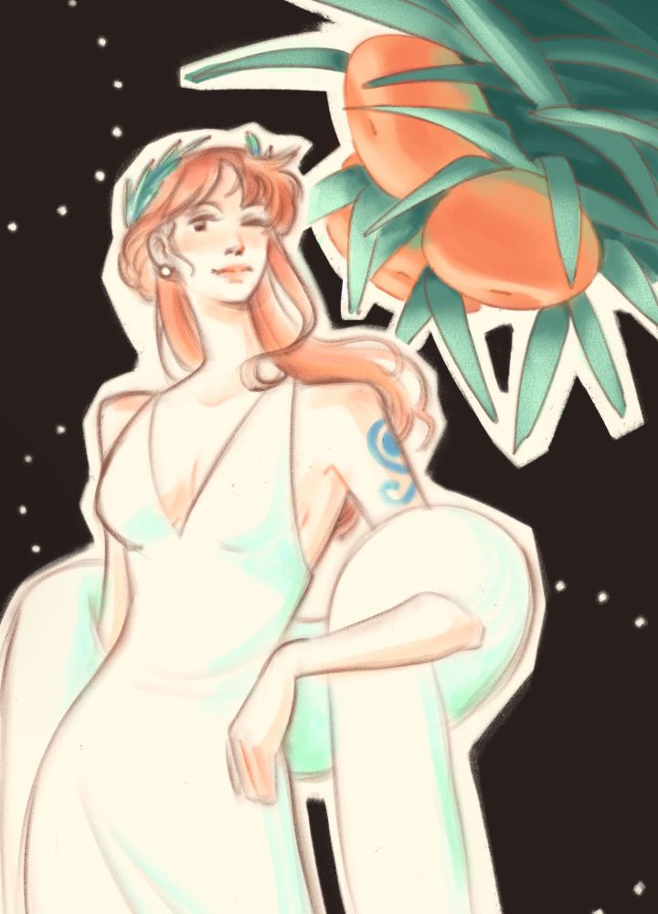 nami from one piece posing in a fancy dress and boa and winking at the viewer