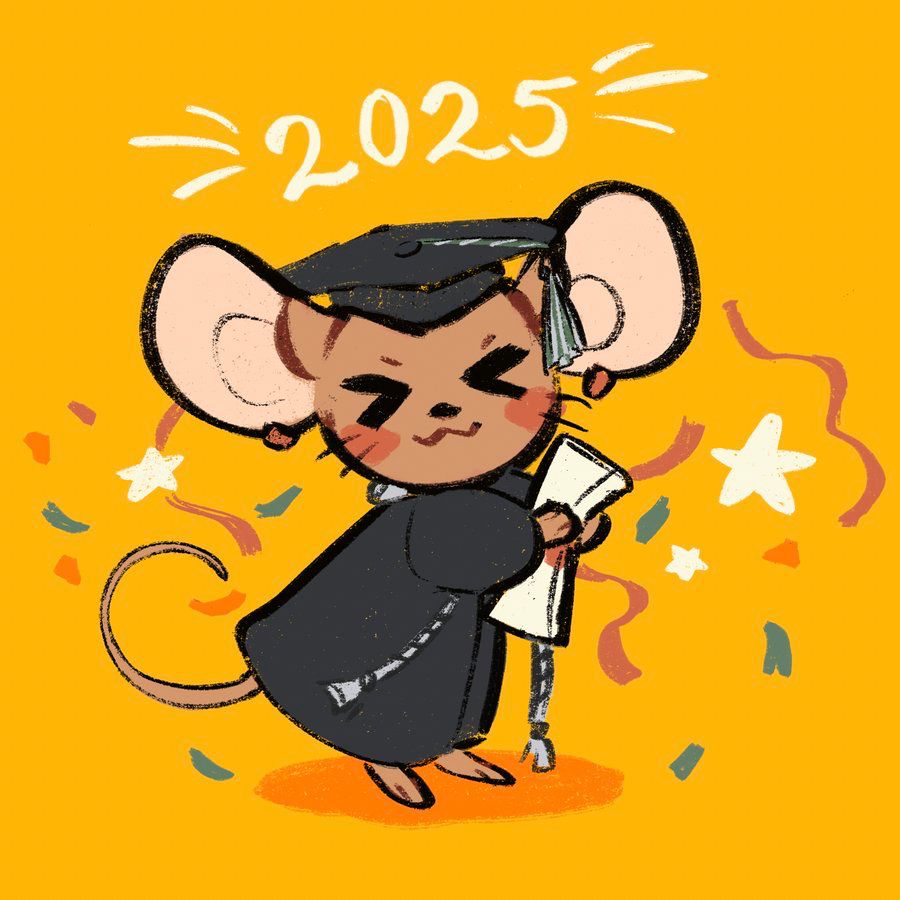 cartoon mouse in a graduation cap and gown with an excited expression and confetti all around as it holds its degree