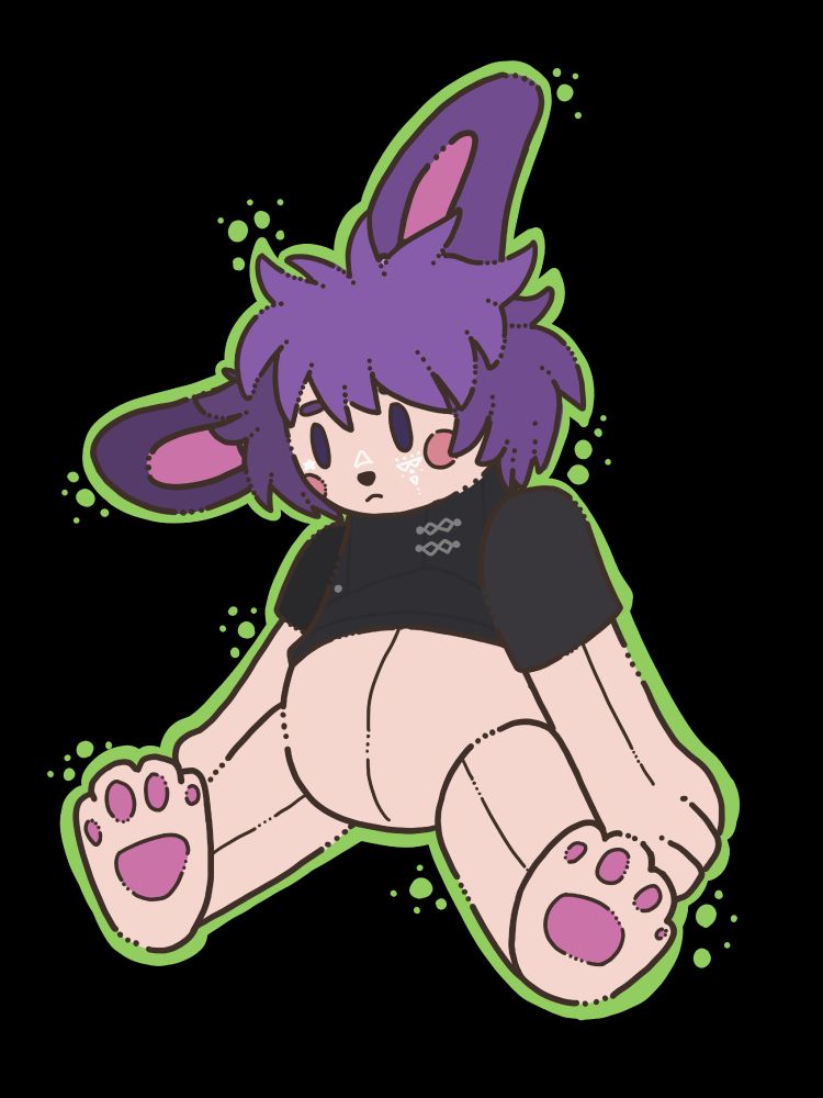 Plushie male purple haired viera with black top and white facial markings. 