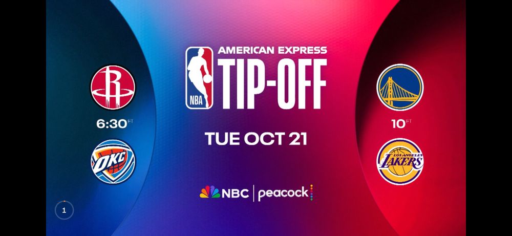 MNBA tues oct 21 tipoff at 630 for hou v okc and 10 for gs v la