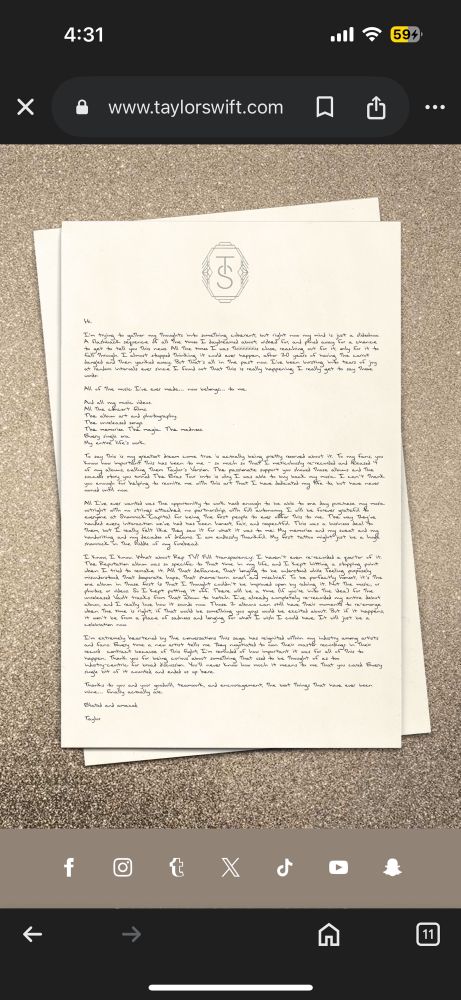 A screenshot of a letter on taylor’s website explaining she now owns her masters to all her original albums 