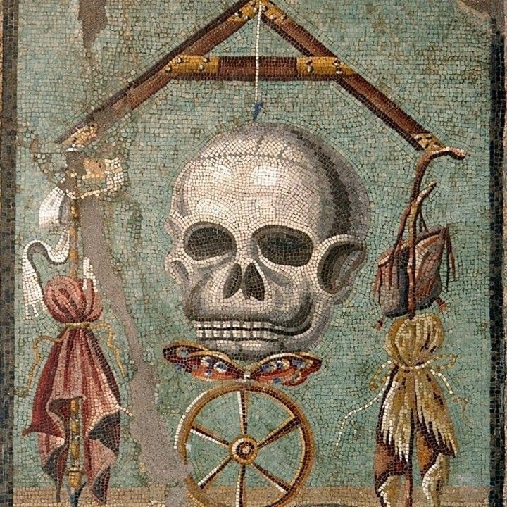 Roman mosaics depicting skulls and skeletons; detail of a sarcophagus depicting the Gates of Hades