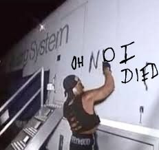 Famous picture of Hogan spray painting a slur on a trailer, but it says "Oh no I died" instead 