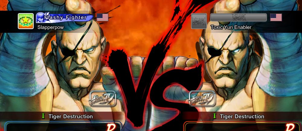 Street Fighter IV's versus screen. Both "Slapperpow" and "Toxic Yuri Enabler" have picked Sagat's Vanilla Street Fighter IV version.