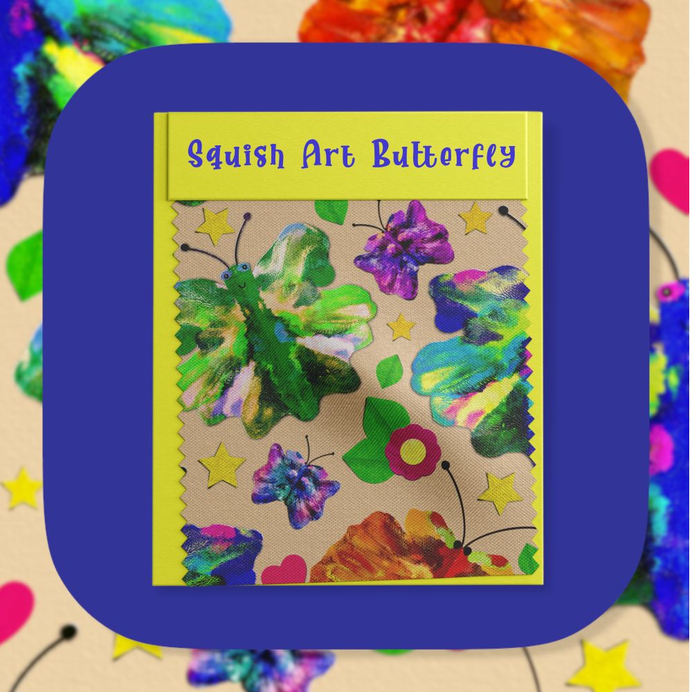 A fabric swatch with a seamless repeating pattern of squish art butterflies and paper cut stars and flowers 
